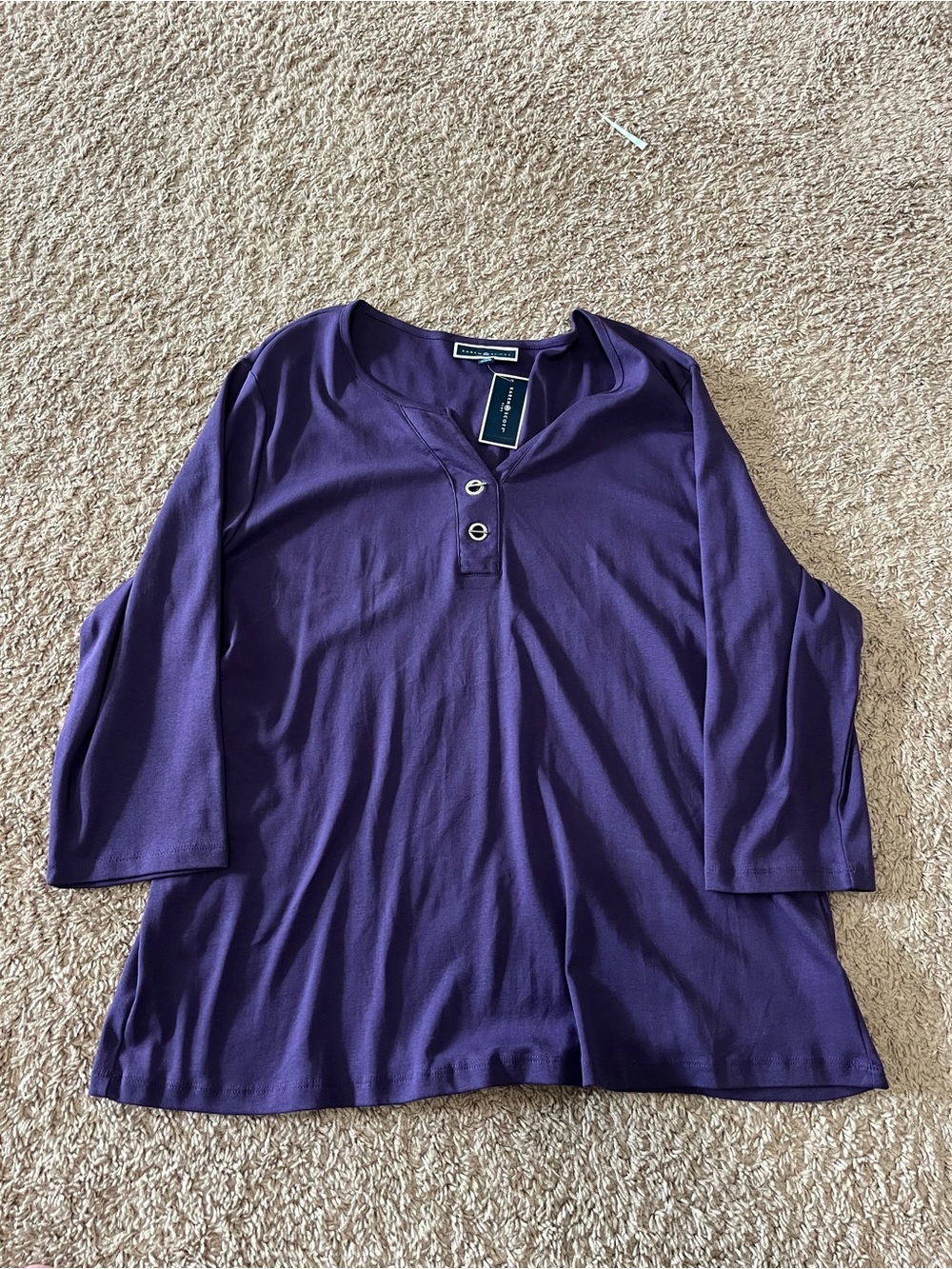 NWT Karen Scott Women's Purple 3/4 Sleeve Split V-Neck Henley Top 3XL